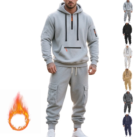 Tuta Sportiva da Uomo Pesante Completo Casual Due Pezzi Con Felpa Con Cappuccio Foderata in Pile e Pantaloni Cargo per Inverno