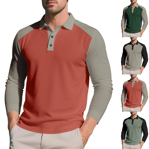 Polo da Uomo con Maniche Raglan a Contrasto Tessuto in Poliestere Traspirante Manica Lunga Color Block Casual Golf Sport Polo Top