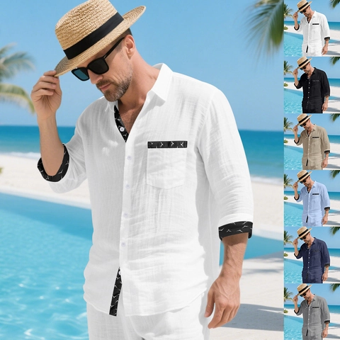 Men Casual Linen Blend Long Sleeve Shirt Bird Print Patchwork Pocket Beach Vacation Loose Single Breasted Fashion Top