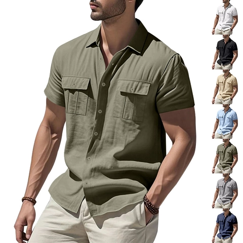 Summer Men Casual Linen Blend Short Sleeve Shirt Turn Down Collar Button Down Double Pocket Solid Breathable Beach Vacation Top