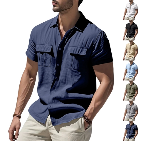 Summer Men Casual Linen Blend Short Sleeve Shirt Turn Down Collar Button Down Double Pocket Solid Breathable Beach Vacation Top