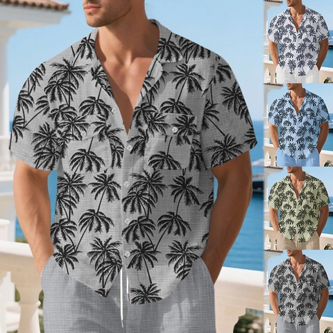 Men Tropical Coconut Tree Print Casual Shirt Short Sleeve Button Down Vacation Hawaiian Beach Tops Lightweight Breathable