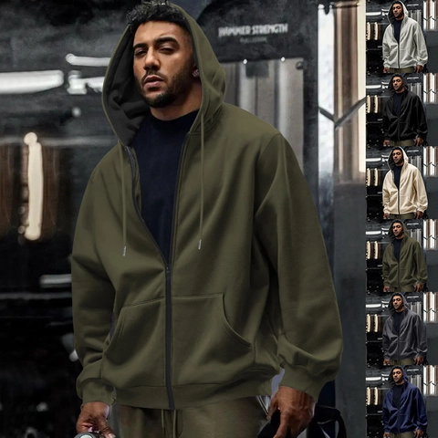 Felpa con Cappuccio da Uomo con Cerniera Tinta Unita Felpa Casual Giacca Sportiva Coulisse Tasche Vestibilità Comoda Capispalla