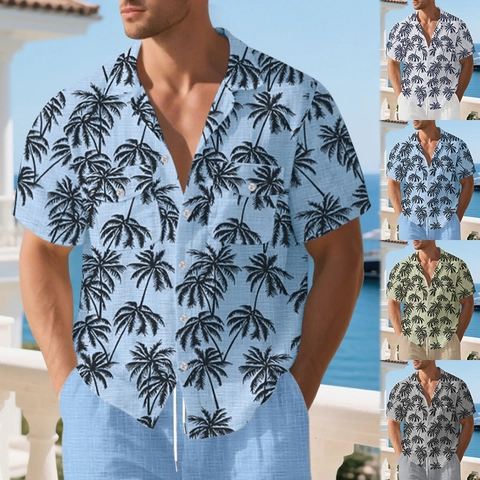 Men Tropical Coconut Tree Print Casual Shirt Short Sleeve Button Down Vacation Hawaiian Beach Tops Lightweight Breathable