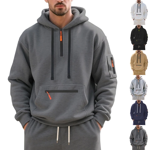 Ensemble Hoodie en Polaire Épaisse pour Hommes avec Demi-fermeture Éclair Sweat-shirt Et Pantalon de Jogging Survêtement Sport Décontracté pour l'Hiver