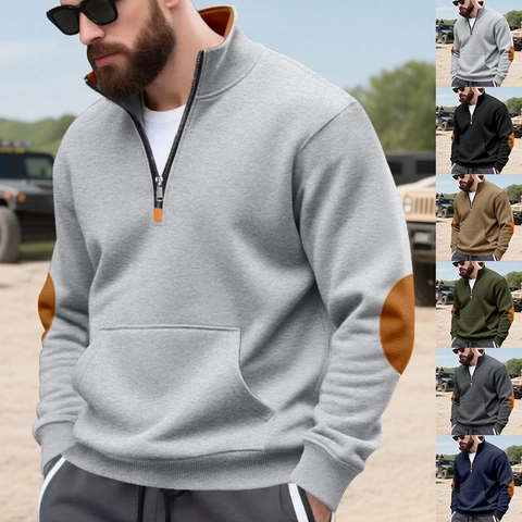 Men Heavyweight Fleece Lined Stand Collar Sweatshirt American Loose Half Zip Pullover With Color Block Elbow Patch Top