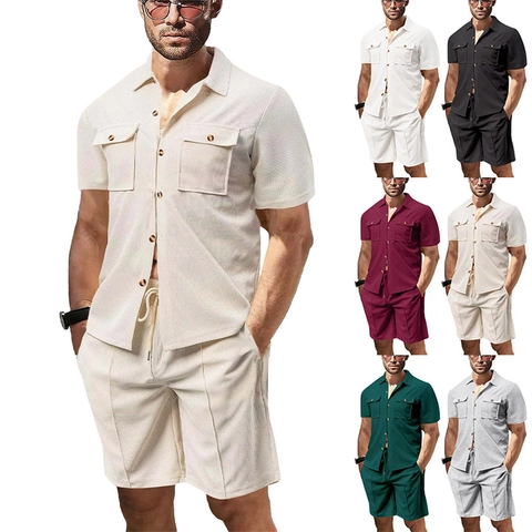 Men Casual Waffle Knit Short Sleeve Shirt And Drawstring Shorts Set Summer Solid Color Pocket Breathable Fashion Suit