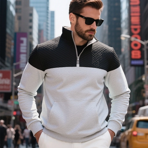 Men Heavyweight Color Block 1/4 Zip Sweatshirt Quilted Stand Collar Patchwork Hoodie Urban Casual Long Sleeve Top