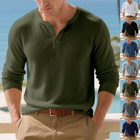 Camiseta Henley de Manga Larga para Hombre Casual Color Sólido de Punto de Gofre Pullover T-Shirt Con Botones Corte Holgado Tops de Otoño