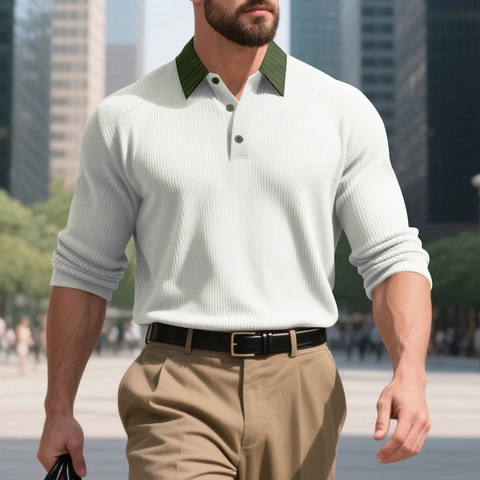 Polo à Manches Longues pour Hommes Côte Française Épaisse Revers Contrasté Décontracté Américain Golf Haut en Polyester Tricoté