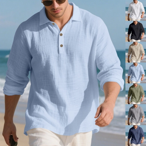 Men's Casual Linen Long Sleeve Polo Shirt Business Loose Fit Solid Color Woven Top Breathable Comfortable Cotton Blend