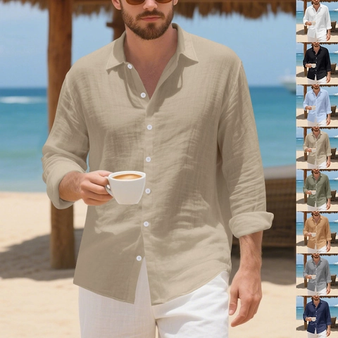 Men's Linen Blend Long Sleeve Shirt Casual Loose Fit Vacation Beach Button Down Lapel Plain Top