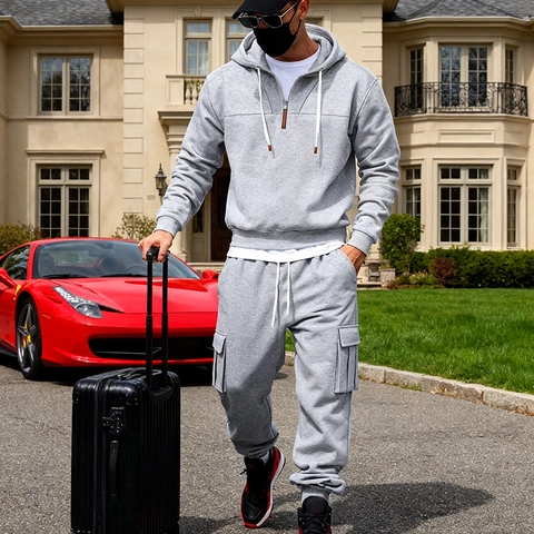 Men's Winter Heavyweight Fleece Lined Tracksuit Casual Half Zip Hoodie And Cargo Sweatpants Set Streetwear Activewear
