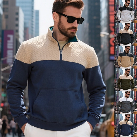 Men Heavyweight Color Block 1/4 Zip Sweatshirt Quilted Stand Collar Patchwork Hoodie Urban Casual Long Sleeve Top
