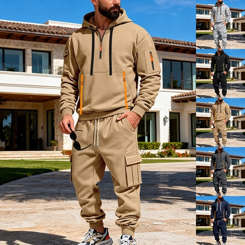 Men Hooded Sweatshirt Cargo Pants Sportswear Outfit Half Zip Fleece Lined Casual Tracksuit Multi Pocket Jogging Suit