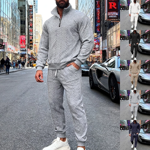 Tuta Sportiva da Uomo con Trecce Colletto in Piedi Mezza Zip Autunno Inverno Urban Casual Felpa e Pantaloni Jogger