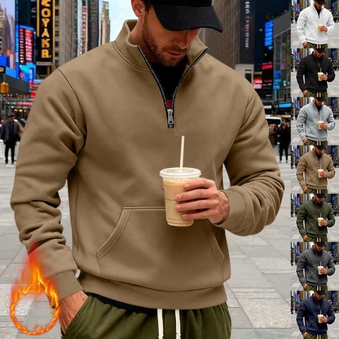 Felpa da Uomo con Mezza Zip Foderata in Pile Collo Rialzato Tinta Unita Caldo Inverno Top Casual Largo Tasca a Canguro