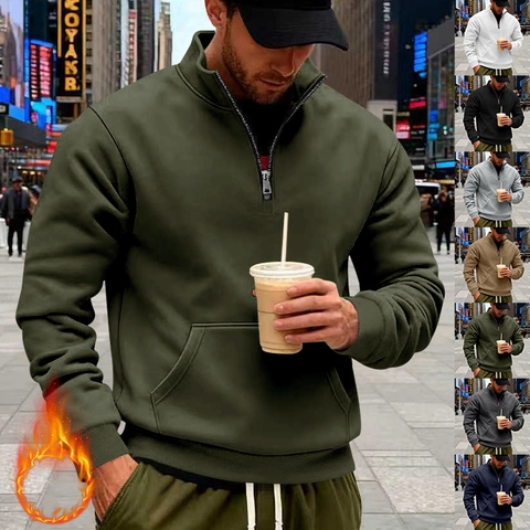 Felpa da Uomo con Mezza Zip Foderata in Pile Collo Rialzato Tinta Unita Caldo Inverno Top Casual Largo Tasca a Canguro