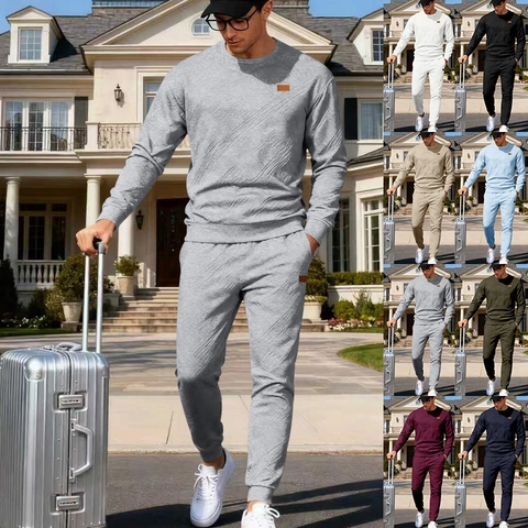 Men's Casual Crewneck Sweatshirt And Joggers 2 Piece Outfit Textured Jacquard Long Sleeve Top And Bottom Sporty Tracksuit