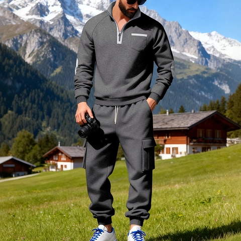 Herren Trainingsanzug Stehkragen Sweatshirt Und Cargo Jogginghose Zweiteiler Gestrickt Fleece Gefüttert Outdoor Sportbekleidung