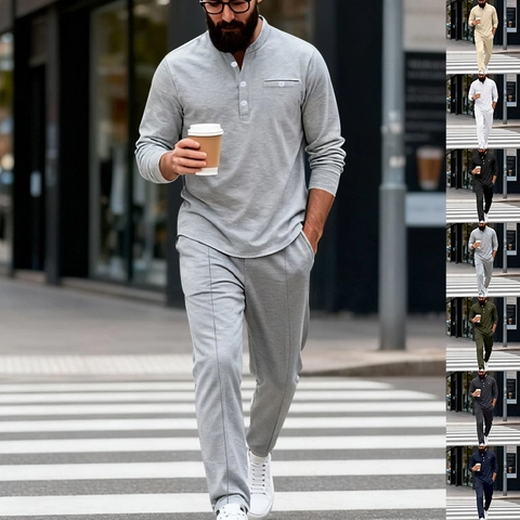 Maglietta Henley da Uomo e Pantaloni a Manica Lunga Abiti Casual Tinta Unita Morbido Poliestere Urban Loungewear da Uomo