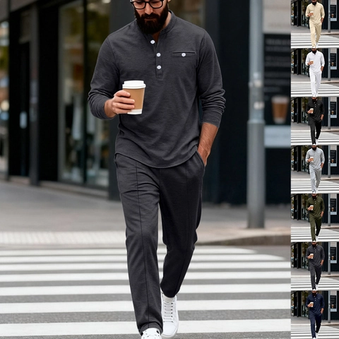 Maglietta Henley da Uomo e Pantaloni a Manica Lunga Abiti Casual Tinta Unita Morbido Poliestere Urban Loungewear da Uomo