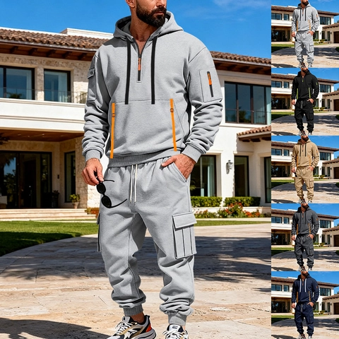 Men Hooded Sweatshirt Cargo Pants Sportswear Outfit Half Zip Fleece Lined Casual Tracksuit Multi Pocket Jogging Suit