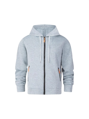 Men Sporty Zip Up Hoodie Casual Polyester Sweatshirt With Contrast Orange Pull Tab Long Sleeve Jacket For Sports Daily