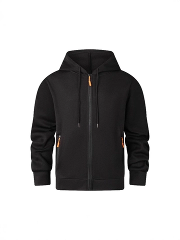 Men Sporty Zip Up Hoodie Casual Polyester Sweatshirt With Contrast Orange Pull Tab Long Sleeve Jacket For Sports Daily