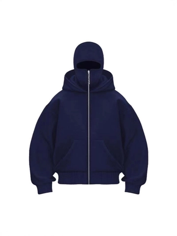 Felpa con Cappuccio Balaclava Uomo Full Zip Poliestere Pesante Foderata in Pile Oversize Tinta Unita Streetwear Felpa Invernale Calda