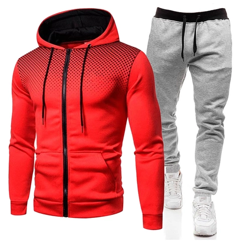 Men's Fleece Lined Tracksuit Gradient Polka Dot Hooded Sweatshirt And Sweatpants Set Long Sleeve Zipper Sportswear