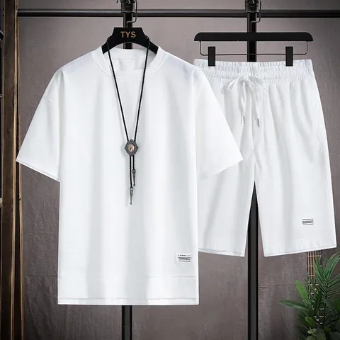 Herren Casual Waffelstrick Rundhals Oberteil Und Shorts Set Kurzarm Kontrastbesatz Sportlich Sommer Outfit