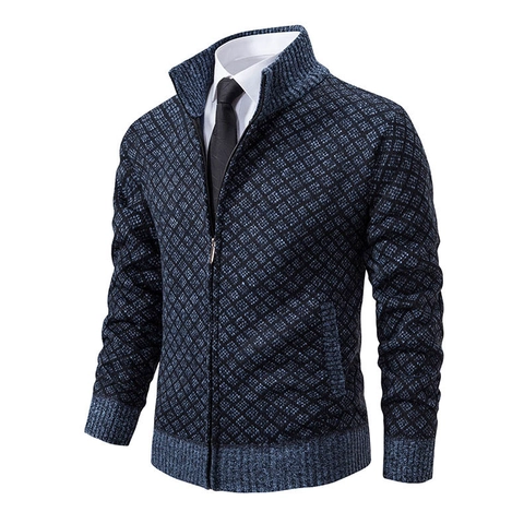 Men Business Casual Argyle Knit Cardigan Stand Collar Full Zip Sweater Jacket Long Sleeve Warm Polyester Outerwear For Autumn Winter Top