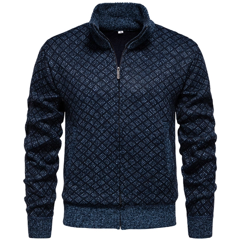 Suéter Cardigan con Cremallera y Cuello Alto para Hombre Ajuste Ceñido Chaqueta de Punto Geométrica Engrosada Casual Otoño Manga Larga