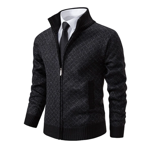 Men Business Casual Argyle Knit Cardigan Stand Collar Full Zip Sweater Jacket Long Sleeve Warm Polyester Outerwear For Autumn Winter Top