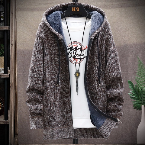 Men's Winter Fleece Lined Cardigan Sweater Thickened Casual Hooded Zip Up Knitted Outerwear Coat Jacket