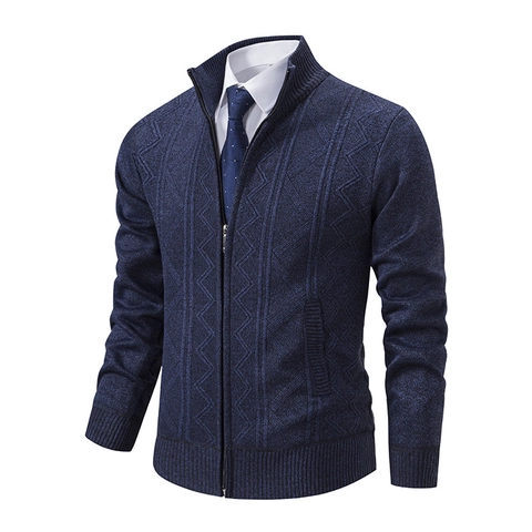 Men's Jacquard Knitted Cardigan Sweater Full Zip Stand-up Collar Jacket Autumn Winter Thickened Warm Casual Polyester Outerwear