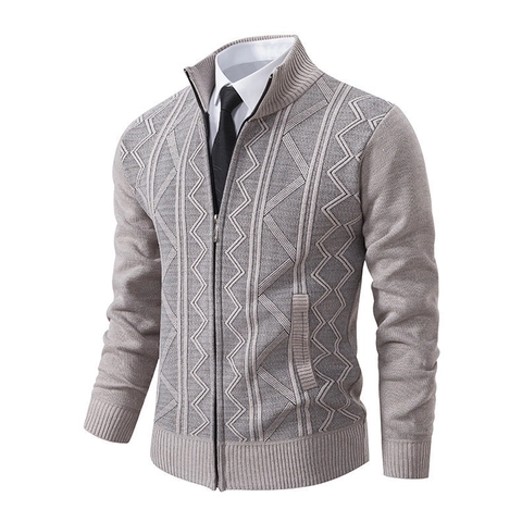 Men's Jacquard Knitted Cardigan Sweater Full Zip Stand-up Collar Jacket Autumn Winter Thickened Warm Casual Polyester Outerwear