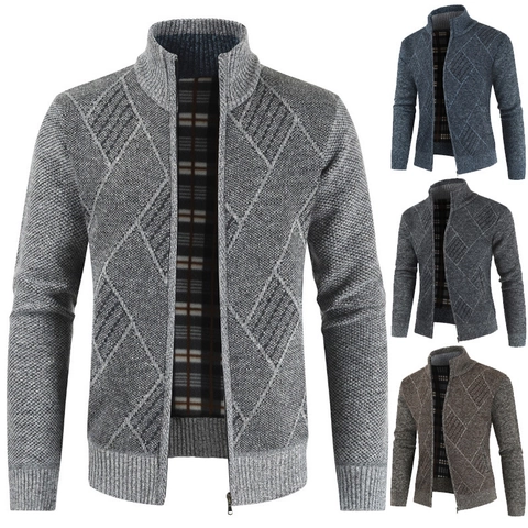 Herren Winter Verdickter Gefütterter Strickcardigan Stehkragen Reißverschluss Geometrisches Rautenmuster Freizeitjacke