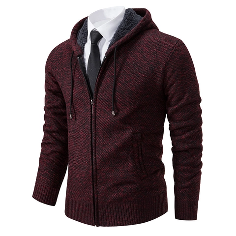 Men's Thickened Fleece Lined Hooded Knitted Cardigan Casual Zipper Winter Warm Sweater Jacket Outerwear