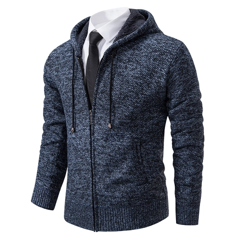 Men's Thickened Fleece Lined Hooded Knitted Cardigan Casual Zipper Winter Warm Sweater Jacket Outerwear