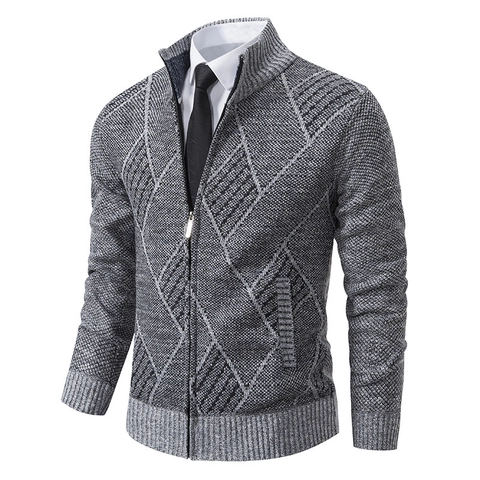 Men's Casual Rabbit Hair Blend Cardigan Sweater Winter Thickened Stand Collar Full Zip Argyle Knit Outerwear