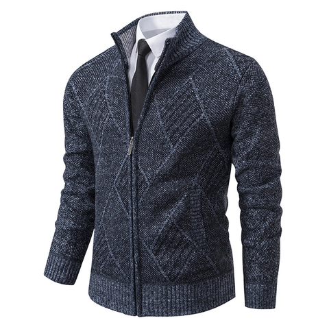 Men's Casual Rabbit Hair Blend Cardigan Sweater Winter Thickened Stand Collar Full Zip Argyle Knit Outerwear
