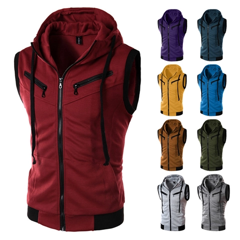 Men Slim Fit Hooded Sleeveless Vest Cotton Blend Full Zip Solid Color Sport Tank Top Hooded Waistcoat Casual Outwear