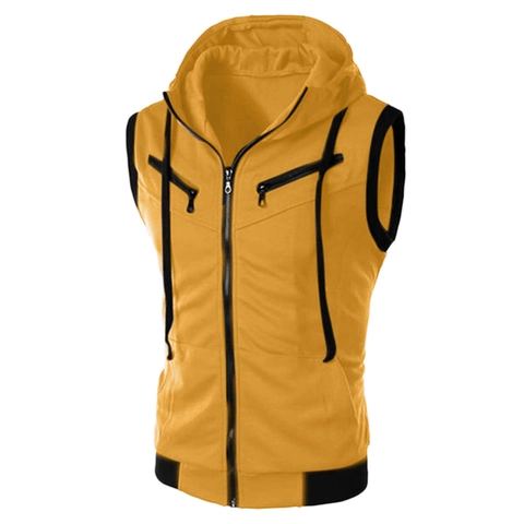 Men Slim Fit Hooded Sleeveless Vest Cotton Blend Full Zip Solid Color Sport Tank Top Hooded Waistcoat Casual Outwear