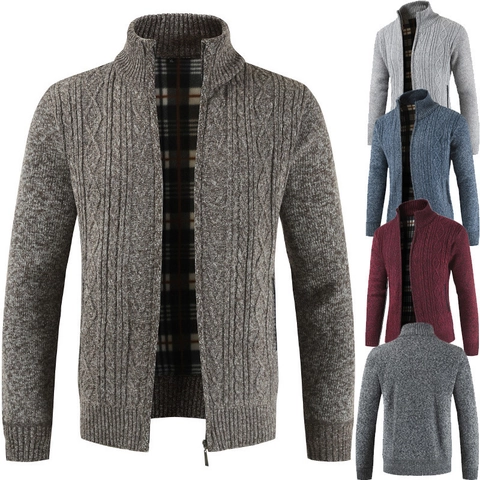 Men Cable Knit Cardigan Sweater Fleece Lined Stand Collar Full Zip Cotton Blend Thick Knitted Jacket Top