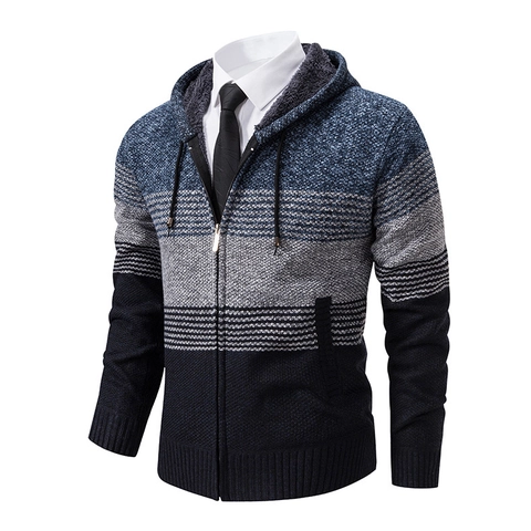 Cardigan in Maglia con Cappuccio Casual da Uomo Foderato in Pile Maglione Spesso Blocchi di Colore Zip Autunno Inverno