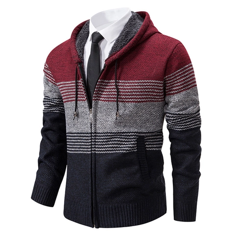 Men's Casual Fleece Lined Knitted Cardigan Jacket Winter Warm Hooded Colorblock Zip Up Long Sleeve Sweater Outerwear