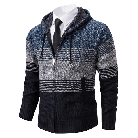 Men's Casual Fleece Lined Knitted Cardigan Jacket Winter Warm Hooded Colorblock Zip Up Long Sleeve Sweater Outerwear