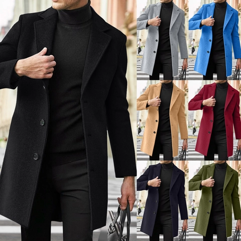 Men British Style Slim Fit Mid-Length Overcoat Business Casual Polyester Solid Color Lapel Single Breasted Warm Coat Outerwear